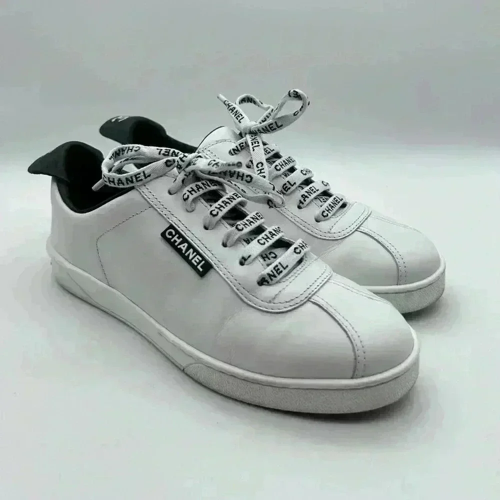 Chanel White Leather Casual Sneakers: Women's Size 36.5 Logo Laces CC